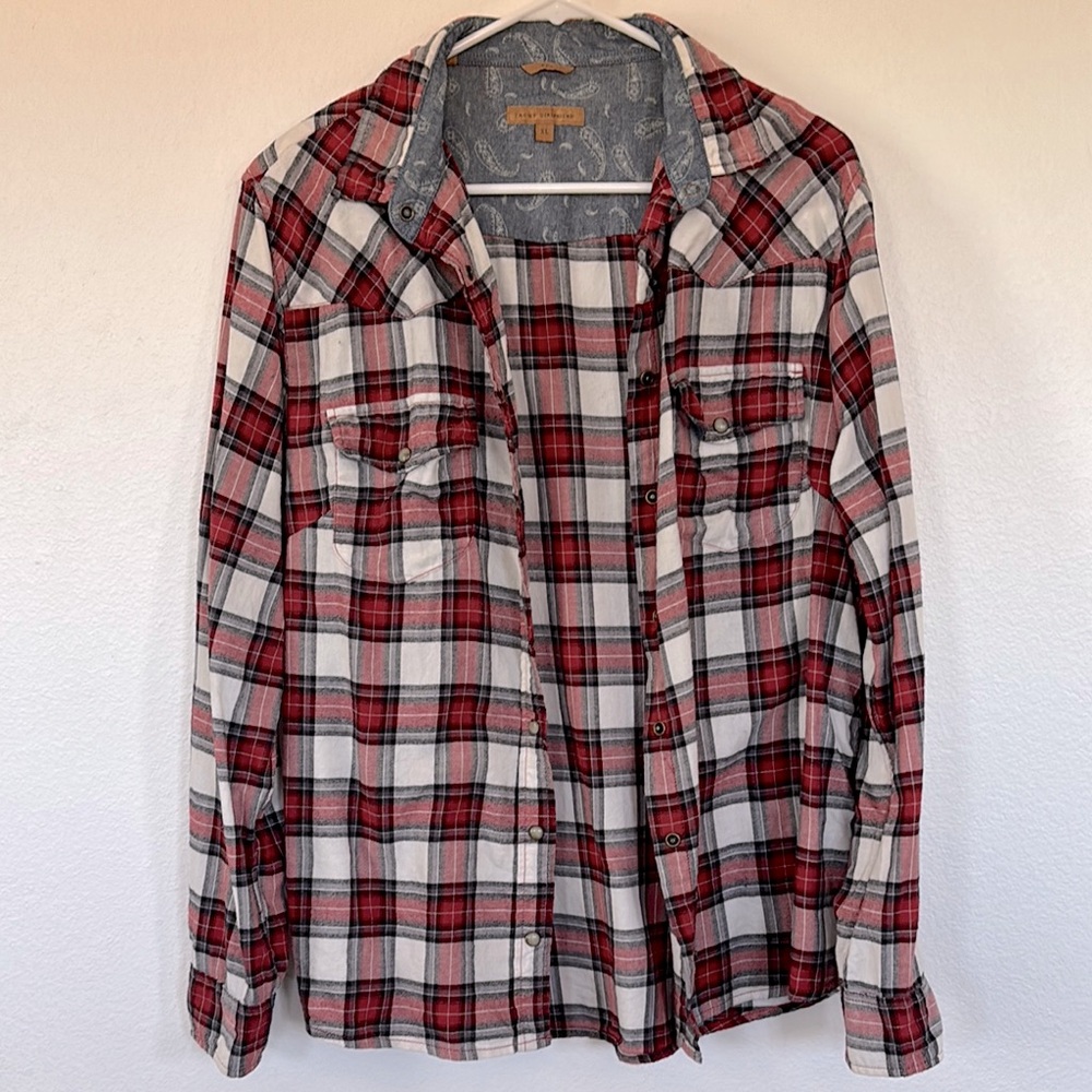 Red and White Plaid Flannel Button-Up Shirt